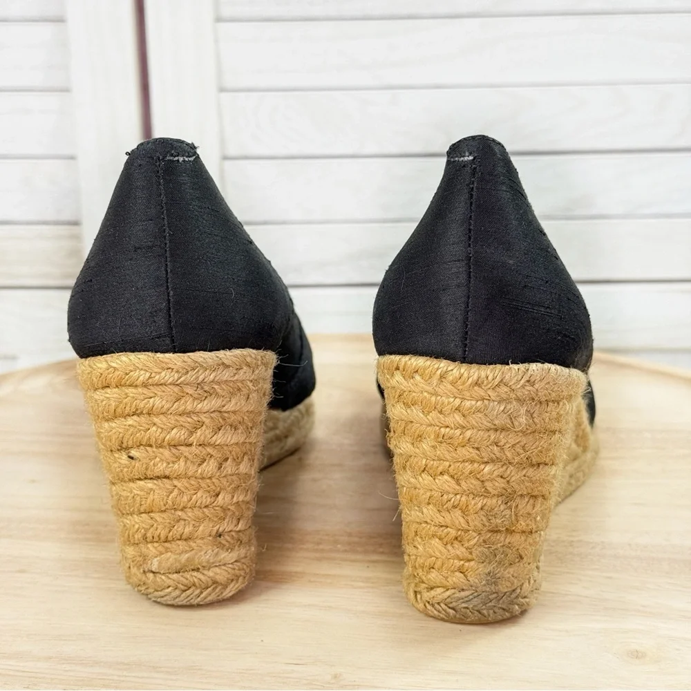 White Mountain Dupioni Fabric Peep Toe Espadrille Wedge Heels‎ Black 9